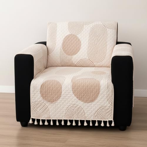 Image of House of Quirk IKATRA Series Quilted Printed Sofa Cover for Indian Sofa Set with Side Pocket - Premium Washable, Anti-Slip, Durable & Ultra Soft Fabric Protector (Beige Loom, One Seater)