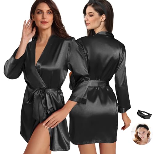 Image of WJing Yi Jia 2Pcs Womens Floral Kimono Robe Silk Robes Bride Bridesmaid Satin Robes Bridal Dressing Gown Silky Bathrobe