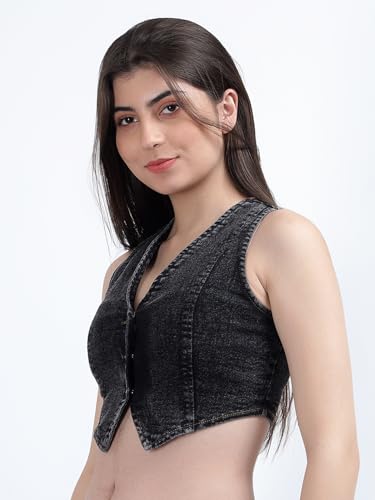 Image of DRAPE AND DAZZLE Stylish Denim Jacket |Casual Wear Jacket | Trending Crop Waistcoat Jacket for Women DD-097