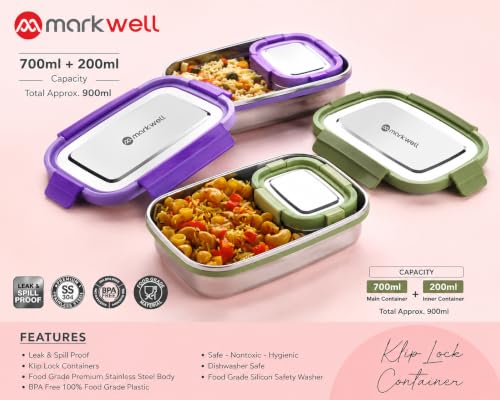 Image of MARKWELL Stainless Steel Lunch Box 700ml + 200ml | Leak Resistant Tiffin Box with Mini Container | BPA Free Lunch Box for Office, School, College, Kids & Travel | (Multicolor)