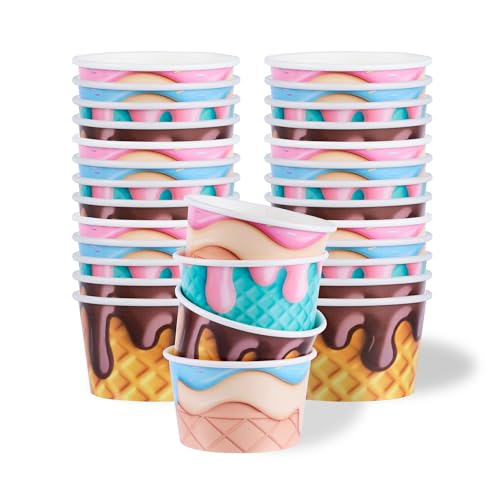 Image of Restaurantware Paper Cups 200 Count 8 Ounce Square Disposable Ice Cream Containers, Leak-Resistant Paper Dessert To Go Cups, Hot And Cold Food, Durable Assorted Cone Design