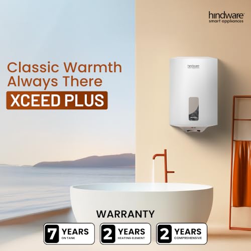 Image of Hindware Smart Appliances Xceed Plus 15 L Storage Water Geyser with Glass-Lined Tank | 5 Star BEE Energy Rating and Temperature control knob (White and Grey)