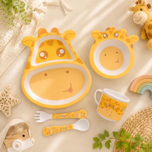 Image of Bamboo Kids Feeding Set of 5 | Made of BAMBOOO| Kids Crockery Set Tableware | Baby Utensils and Dishes Set | Eco-Friendly |Organic & Natural.
