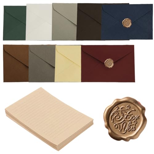 ROKZELT Sobres Bonitos, 20 unidades de papel de carta vintage, juego con 9 sobres de lino y sellos de cera, papel de carta vintage, sobres de estraza para cumpleaños, Sobres Invitaciones Boda