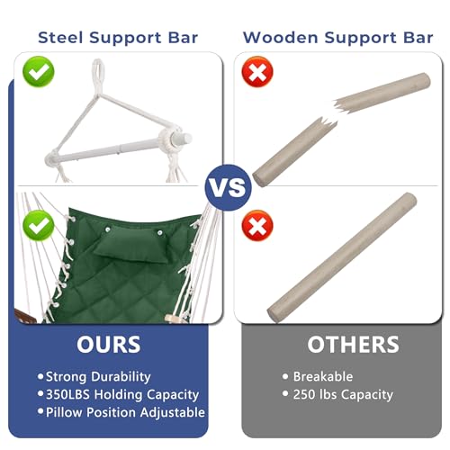 Image of Hammock Chair Hanging Swing with Wooden Armrest,Steel Spreader Bar,Pillows,Hardware kit Included;Cotton Woven;Up to 350 Lbs,for Indoor Outdoor Green