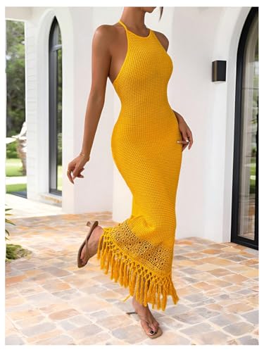 SOLY HUX Women's Summer Fringe Trim Halter Neck Bodycon Dress Crochet Sleeveless Maxi Dresses3