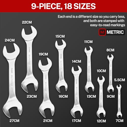 Image of BILITOOLS Super-Thin Wrench Set, 9 Piece Metric Open End Wrench Set | Including 5.5, 7, 8, 9, 10, 11, 12, 13, 14, 15, 16, 17, 19, 21, 22, 23, 24, 27 mm, Ultra-Slim Flat Spanner Set, Storage Box
