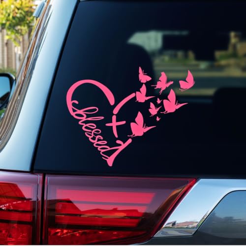 Image of Blessed Cross & Butterfly Heart Decal- 8.6 inchx7.5 inch Inspirational Faith Waterproof Vinyl Sticker for Car, Truck, Window, Bumper, Laptop, Wall (Heart-Pink)