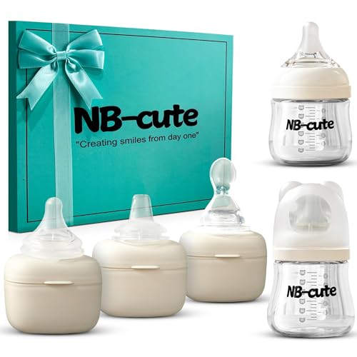 Image of Glass Baby Bottles Anti Colic Set 2 Pack 4oz and 6oz BPA Free Heat Resistant Borosilicate Glass with 3 Silicone Nipples Wide Neck Gift Box Baby Shower Easy to Sterilize for Newborn Infant 0-9 Months