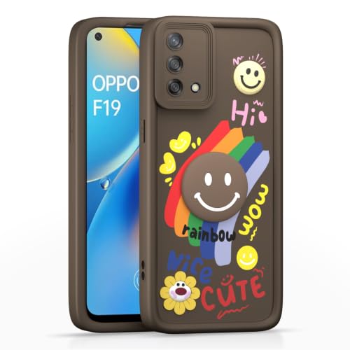Image of Pikkme Back Cover for Oppo F19 / F19s | Soft Silicone| Cute Rainbow Smile & 3D Cartoon Flower Design | Shockproof Raised Camera Protection Bumper Case (Brown)