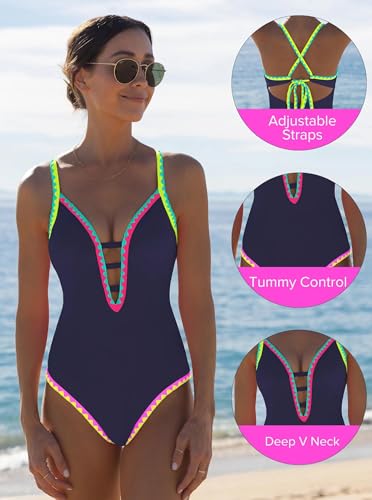 Image of popvil Women One Piece Swimsuit Tummy Control Deep V Neck Neon Cute Bathing Suit Back Tie Swim Suits 2026 Summer