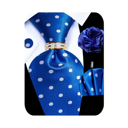 Image of 5PCS Mens Premium Silk Tie, Pocket Square, Cufflinks, Drilled Tie Ring and Lapel Pin Set for Wedding Groom Party