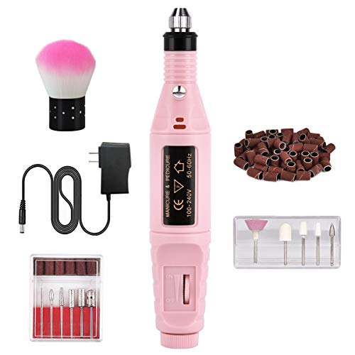 Yinhua Electric Nail Drill Kit Portable Professional Nail Drill Manicure Pen Shape Acrylic Nail Tools for Exfoliation Polishing with 6 Drill Bits and Sanding Bands for Home Salon (1 Set, pink)