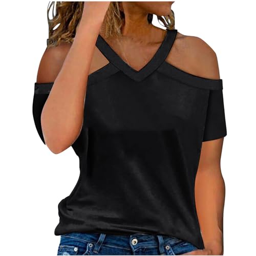 Akklian Womens Summer V Neck Cold Shoulder Tops T Shirts Sexy Cut
