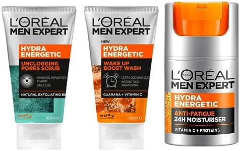 L'Oreal Paris L'Oréal Paris Men Expert, Hydra Energetic Skincare For Men, For Dry and Tired Skin, With Vitamin C, Trio Bundle - Face Scrub 100ml, Face Wash 100ml & Face Moisturiser 50ml