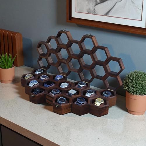 Image of Vintage Wooden Watch Box for Men, Timepiece Display Case, Watch Storage Organizer, Jewelry Box for Women, Birthday & Anniversary Gift (16 Compartments)