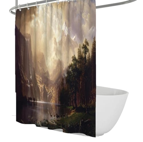 FEIPUHOME Art Entre el Paisaje de Sierra Nevada Cortina de Ducha Lago Junto al Lago Ciervo Patrón de Bosque Estampados de Pintura Famosos Cortina de Ducha de baño Lavable W200xL220(cm)