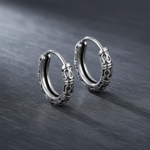 Image of VAMA FASHIONS Oxidised Silver Hoop Earrings in Tribal Bali Design Lightweight Ethnic Look Ear Accessories for Men