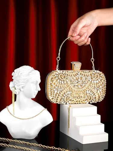 4 Pcs Clutch Purses Jewelry Set for Women Evening Rhinestone Jewelry Bling Glitter Diamond Evening Bag Necklace Choker Bracelets Earrings Set for Wedding Bridal Party Prom(Gold)4