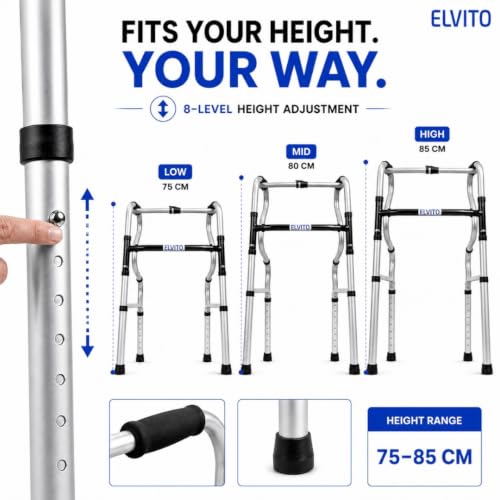 Image of ELVITO Ultimate Dual Action Stand-Ease Walker for Adults & Elderly | Stand Assist + Walking Walker | Dual Mode - Reciprocal & Fixed | 8-Level Height Adjustable | Foldable Patient Walker | 1 Year Warranty| (Stand-ease walker)