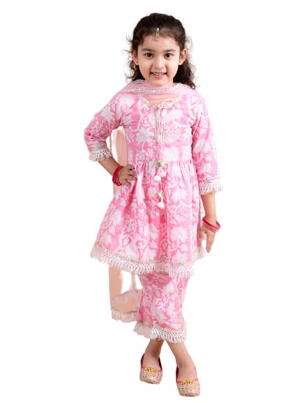 Pspeaches Girls Pink Printed Gotta Patti Pure Cotton Kurta With Palazzos With Dupatta (Pink-6-7Y)