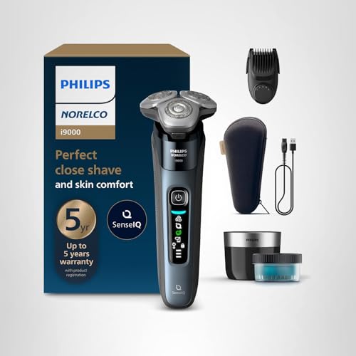 Philips Norelco Shaver i9000, Wet & Dry Electric Shaver, Taubenblau, SenseIQ Technology, Triple Lift & Cut System, 360 Rotating Dual SteelPrecision Precision Blades, Beard Styler, Model X9001/91