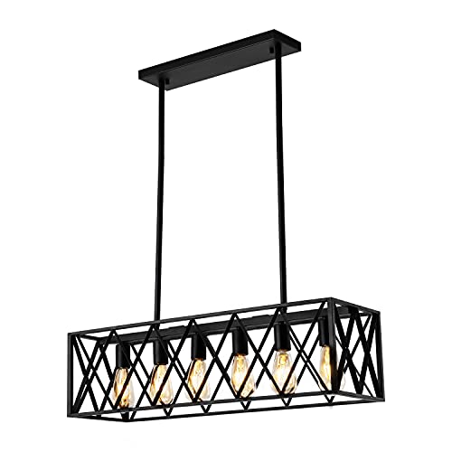 Kitchen Island Pendant Lighting 6-Light Black Metal Industrial Bar Chandelier Fixtures Vintage Hanging Farmhouse Rectangle Linear Chandelier for Dining Room Living Room