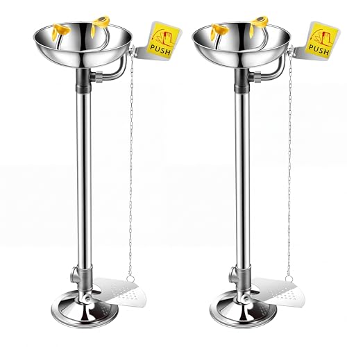 Image of Yaocom 2 Pcs Eye Wash Station Stand up Emergency Pedestal Mounted Eyewash Station Adjustable Water Flow Hands Free Operation Stainless Steel Floor Mount Eyewash with Dual Spray Head and Pedal (Silver)