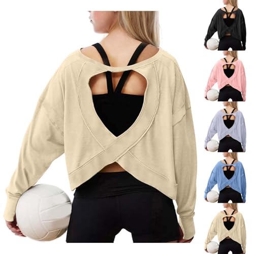 Cute Crop Tops for Girls Open Back Shirt Long Sleeve Backless Tshirt with Thumbhole Plain Fashion Heart Hollow Tee