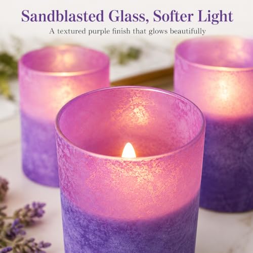 Image of Purple Flameless Candles Remote Timer Halloween Decor Set of 3 | Purple Sandblasted Glass, Warm White LED Glow, Real Wax, 10 Key Remote, 2 4 6 8 Hour Timer, 3 Sizes