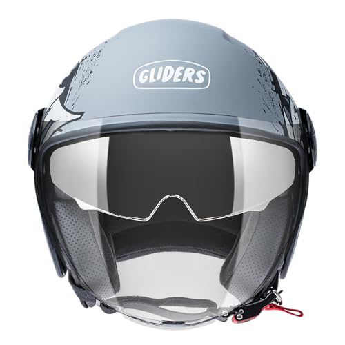 Image of Gliders Jet Trio D3 ISI Certified Open Face Graphic Helmet with Peak and Clear Visor (Matt Nardo Grey with Off White, L)