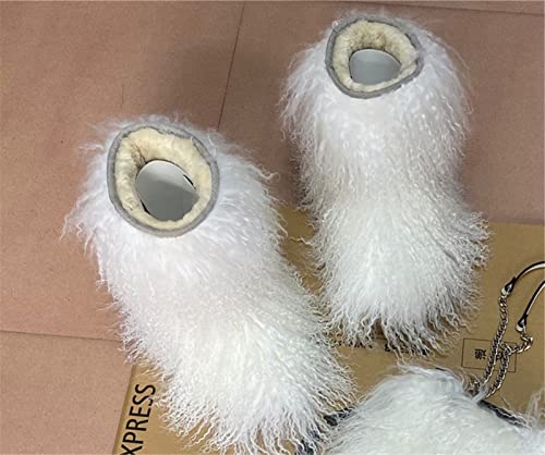 MSD-1 Woman's Tibetan Fur Boot With Real Mongolian Hairy Furry Sheepskin Shearling Lamb Skin Snow Boots Long Curly Hair Shoes For Young Lady Girls Outside Ski Fluffy Footwear Christmas Gifts Mid-Half Short Booties All Over Fur (9, White)3