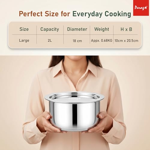 Image of Parage Tri-Bond Stainless Steel Tope with Lid 2 Litre | Heavy Container Triply Bottom Patila, Bhagona /Bhigona | Gas & Induction Compatible | Steel Cooking Pot for Tea, Milk, Dal & Kitchen Daily Use