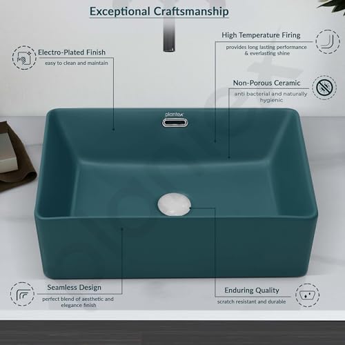 Image of Plantex Ceramic Washbasin for Bathroom /Rectangle Tabletop Wash Basin /Countertop Vessel Sink for Home /Office (Matt Green - 20 x 14 x 6 Inch)