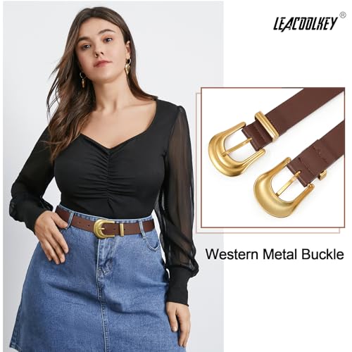 LEACOOLKEY 2 Pack Women's Leather Belts for Jeans Western Belt Ladies Wsit Belt with Gold Silver Buckle2