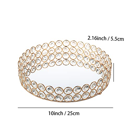 Feyarl Crystal Cosmetic Makeup Tray Jewelry Trinket Tray Organizer Vanity Tray Mirrored Decorative Tray Perfume Skin Care Storage Home Deco Dresser Table Organizer (Round 10" Inch) (Gold) #TOP2