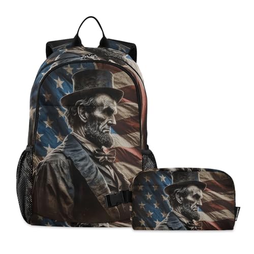 Backpack Abraham Lincoln American Flag Book Bag Daypack Shoulder Bag Lightweight Back Pack with Lunch Box Travel Laptop Daypack 18.5 x 11.8 In