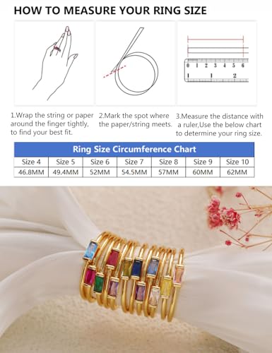 RLMOON Gold Birthstone Rings for Women Non Tarnish Gold Stackable Ring Dainty 14K Gold Plated Baguette CZ Emerald Green Gemstone Ring Personalized Jewelry Gift for Birthday Size 4-104