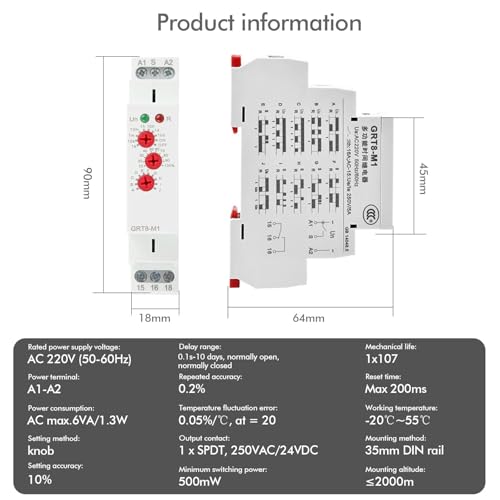 Uadme Multifunktions Zeitrelais 220V, GRT8-M1 Mini Verzögerung Zeitrelais mit 10 Funktionen, für Industrieanlagen, Beleuchtungssteuerung, Heizelementsteuerung, 35mm DIN Schieneninstallation