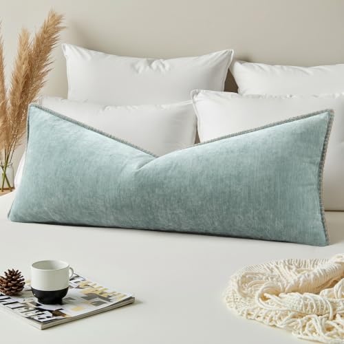 Image of decorUhome Fall Chenille Soft Cozy Throw Pillow Covers 14x36 Pack of 1, Modern Farmhouse Boho Velvet Decorative Pillow Cases with Stitched Edge for Couch Sofa Bed Home Decor, Aqua Haze