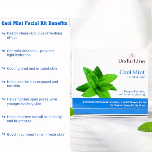 Image of Vedic Line Cool Mint Facial Kit, Helps To Reduce Tan & Dead Skin With Mint Oil, Lavender Oil, Shea Butter For Skin Brightening With Cooling Sensation, 400Ml