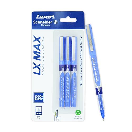 Image of Luxor Schneider LX MAX roller ball pen, Pack of 3 - Blue, Needle Tip, 0.5mm, 100% German Technology, 1000+ mtrs writing length, Waterproof Ink, Ideal for Students & Professionals