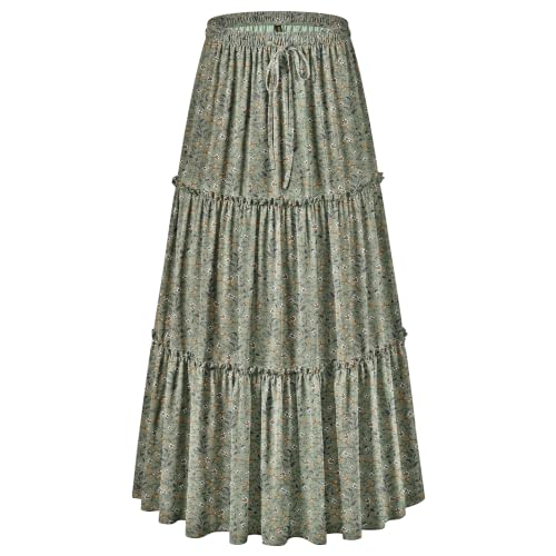 NASHALYLY Womens Flowy Boho Floral Casual Maxi Skirt Elastic High Waisted A Line Tiered Chiffon Vacation Long Skirt(Green Floral M)