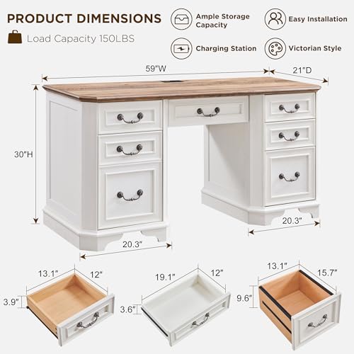 T4TREAM 59" Farmhouse Executive Desk with Drawers,Wood Home Office Computer Desk, Featuring Keyboard Tray,Charging Station,File Drawer, Storage Cabinet,for Work and Study (Antique White) - Thumbnail 2
