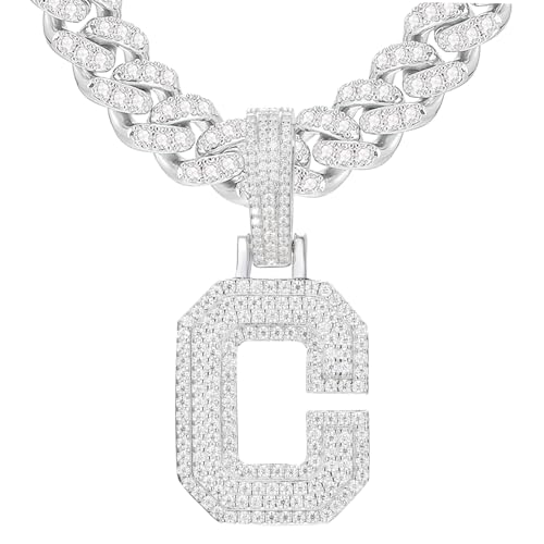 YIMERAIRE Moissanite Letter Pendant Necklace with Iced Out 8MM Cuban Chain Zicrona 925 Sterling Silver Iced Out Moissanite C Initial Letter Pendant Necklace For Men Women
