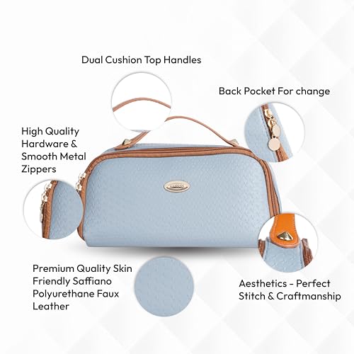 Image of SHOPPOFOBIX Makeup Pouch for Women, Litchi PU Leather Makeup Pouch for Women, Large Capacity Cosmetic Travel Bag, Portable Makeup Kit Storage Bag with Handle and Two Divider (Light Grey)
