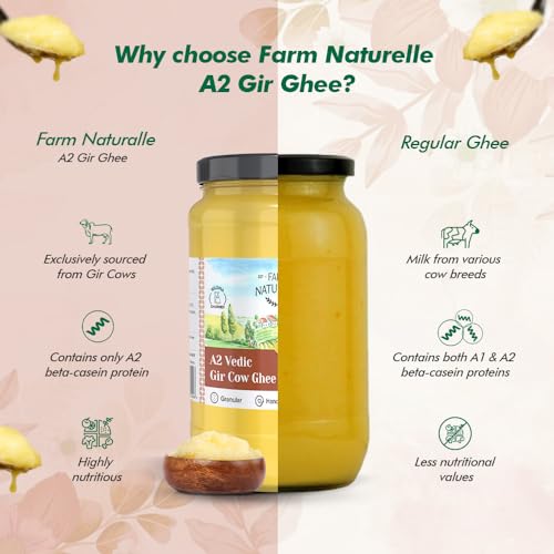 Image of Farm Naturelle-A2 Desi Cow Ghee from Grass Fed Gir Cows | Vedic Bilona Method-Curd Churned-Golden Ghee |Grainy & Aromatic, Keto Friendly, Lab Tested, Non-GMO Glass Jar-1000ml and a Wooden Spoon.
