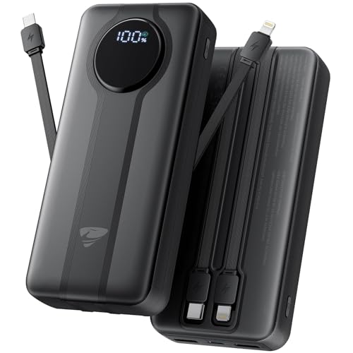 Aioneus Power Bank 20000mAh, Powerbank mit integriertem Kabel, 22,5W Schnellladefunktion, USB-C EIN-/Ausgang, LED-Anzeige, Externe Handyakkus für iPhone 17 16 15 14 13 12 11, Samsung iPad AirPods