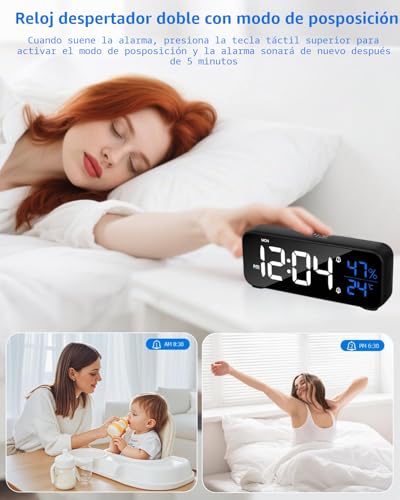 Reloj despertador digital LED con doble alarma y brillo ajustable 7