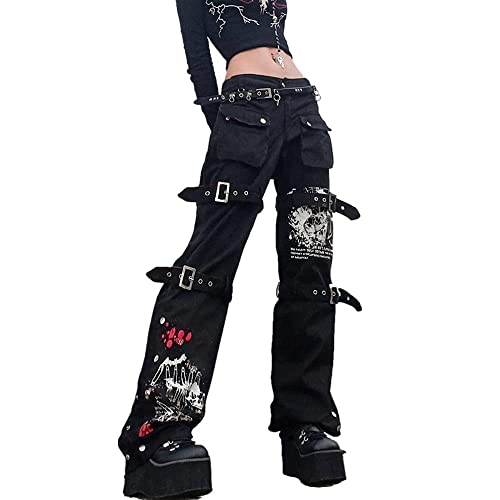 Harajuku Gothic Fashion Patchwork Black Jeans Punk Grunge Aesthetic Women Autumn Electro Pants Emo Printed Streetwear